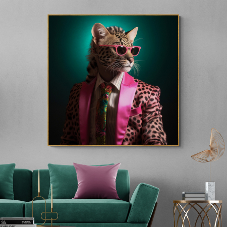 Tablouri Animale si Pasari - Tablou canvas, modern, Animale, Jaguar in costum pe fundal verde, pentru hol, living