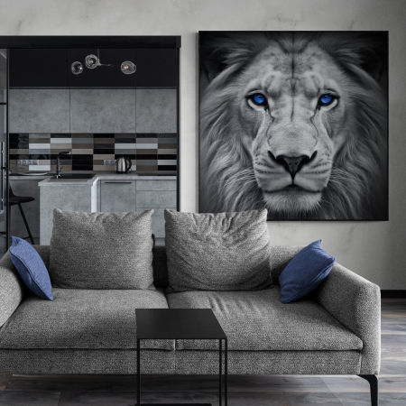 Tablouri Animale si Pasari - Tablou canvas, modern, Animale, Lei, gri pe fundal negru, pentru hol, living