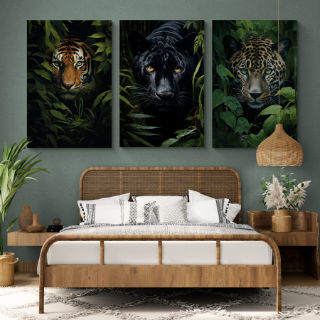 Tablouri Animale si Pasari - Tablou canvas, modern, Animale, Leopard, Tigru cu frunze verzi, pentru hotel