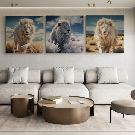 Tablouri Animale si Pasari - Tablou canvas, modern, Animale, Leu alb in safari, pe fundal negru, pentru living