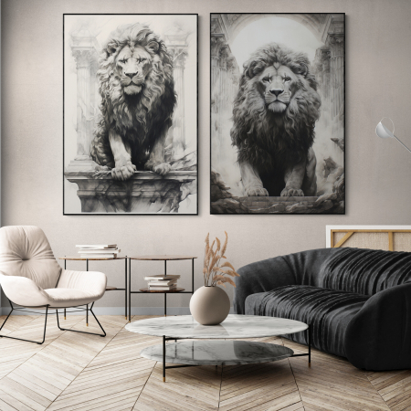 Tablouri Animale si Pasari - Tablou canvas, modern, Animale, Leu, alb negru, pentru living