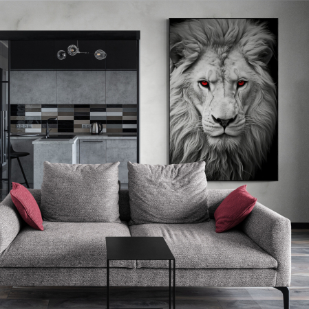 Tablouri Animale si Pasari - Tablou canvas, modern, Animale, Leu gri pe fundal negru, pentru hol, bucatarie