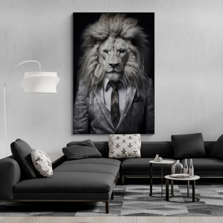 Tablouri Animale si Pasari - Tablou canvas, modern, Animale, Leu in costum pe fundal negru, pentru living, birou