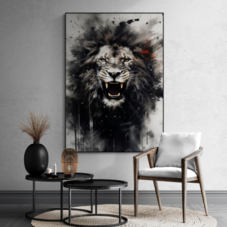 Tablouri Animale si Pasari - Tablou canvas, modern, Animale, Leu in stil abstract, nuante de alb negru, pentru hol