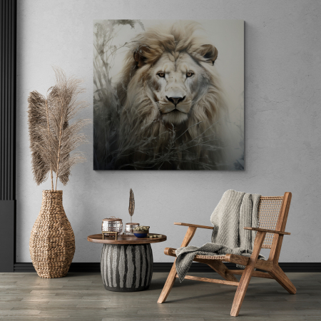 Tablouri Animale si Pasari - Tablou canvas, modern, Animale, Leu , pe fundal gri, pentru hol