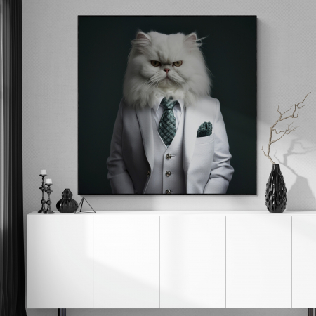 Tablouri Animale si Pasari - Tablou canvas, modern, Animale, Pisica persana in costum,pe fundal negru, pentru birou, living