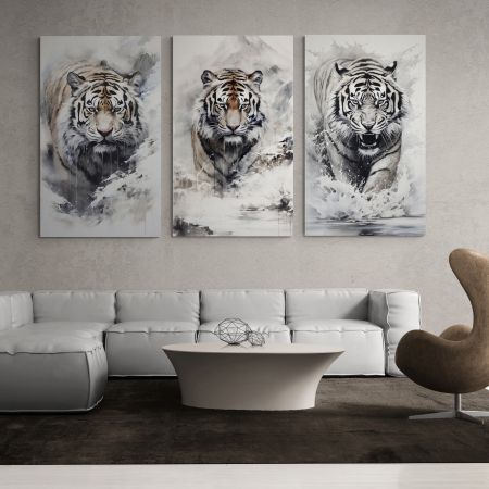 Tablouri Animale si Pasari - Tablou canvas, modern, Animale, Tigru in natura, munti, apa, in stil abstract, pentru hotel