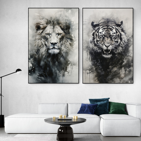 Tablouri Animale si Pasari - Tablou canvas, modern, Animale, Tigru, Leu, in stil abstract, alb negru, pentru birou
