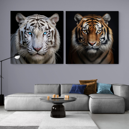 Tablouri Animale si Pasari - Tablou canvas, modern, Animale, Tigru alb,  maro, pe fundal negru, pentru living