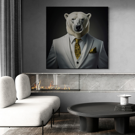 Tablouri Animale si Pasari - Tablou canvas, modern, Animale, Urs alb in costum,pe fundal negru, pentru birou, living
