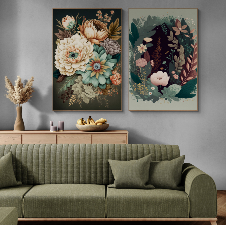 Tablouri cu Flori - Tablou canvas, modern, buchet cu flori in stil ilustratie, pentru living