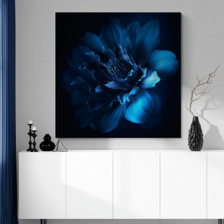 Tablouri cu Flori - Tablou canvas, modern, bujor albastru pe fundal negru, pentru living, hol