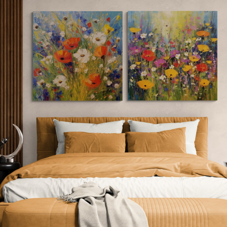 Tablouri cu Flori - Tablou canvas, modern, camp cu flori colorate, pe fundal albastru, pentru dormitor, hotel