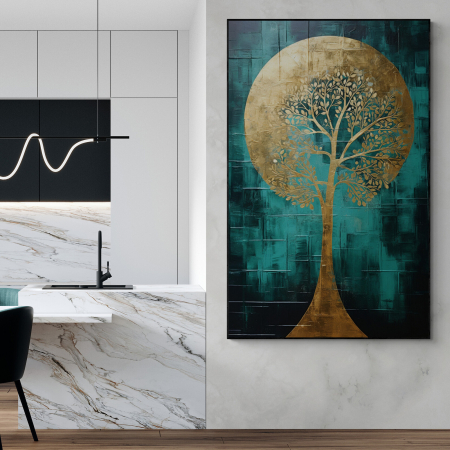 Tablouri cu Flori - Tablou canvas, modern,  Copac auriu pe fundal turcuaz, pentru bucatarie, hol