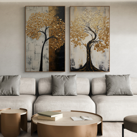 Tablouri cu Flori - Tablou canvas, modern, Copac in stil abstract, nuante de alb negru, auriu, pentru hotel