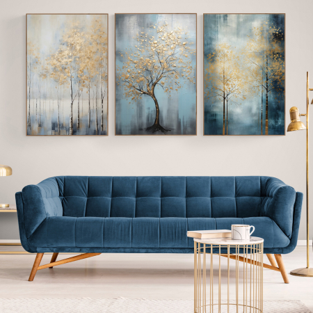 Tablouri cu Flori - Tablou canvas, modern, cu Copaci, in stil abstract, nuante de albastru, auriu, pentru living