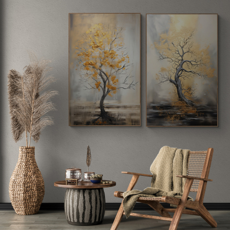 Tablouri cu Flori - Tablou canvas, modern, cu Copaci, in stil abstract, nuante de gri, auriu, pentru hotel