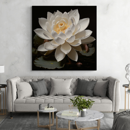 Tablouri cu Flori - Tablou canvas, modern, cu Floare alba de Nufar, pe fundal negru, pentru living