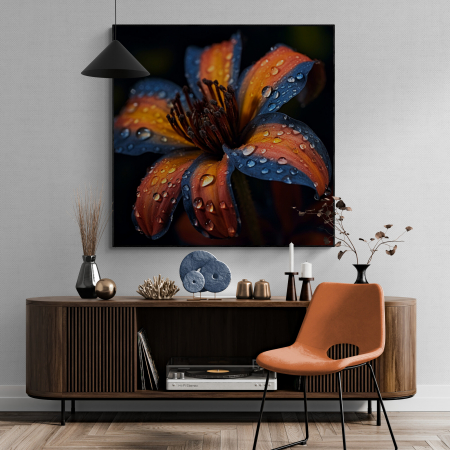 Tablouri cu Flori - Tablou canvas, modern, floare de crin portocaliu si albastru fundal negru, pentru bucatarie