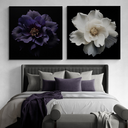 Tablouri cu Flori - Tablou canvas, modern, cu Floare in nuante de alb, mov pe fundal negru, pentru hotel