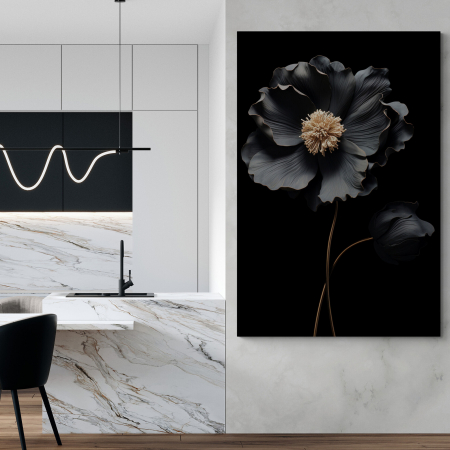 Tablouri cu Flori - Tablou canvas, modern,  cu floare neagra pe fundal negru negru, pentru hotel