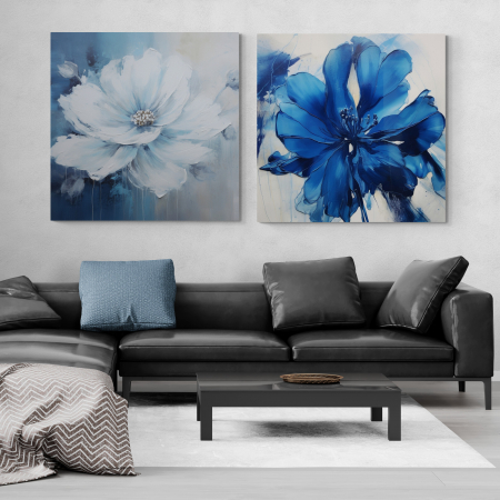 Tablouri cu Flori - Tablou canvas, modern, cu floare pictata in stil abstract, nuante de alb, albastru, pentru living