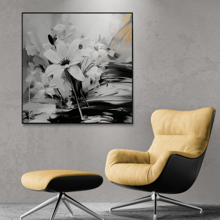 Tablouri cu Flori - Tablou canvas, modern, cu floare pictata in stil abstract, nuante de alb negru, pentru birou