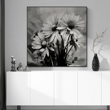 Tablouri cu Flori - Tablou canvas, modern, cu flori pictate in stil abstract, nuante de alb negru, pentru hol