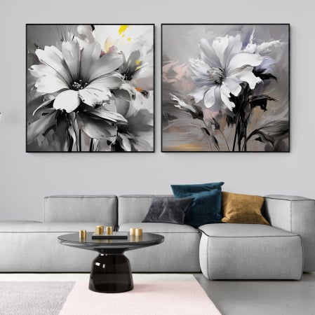 Tablou canvas, modern, cu floare pictata in stil abstract, nuante de alb negru, pentru hotel [1]