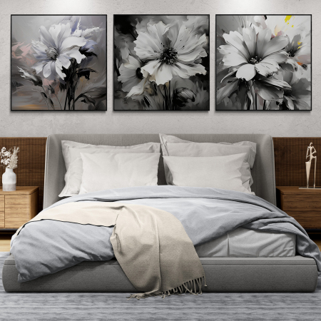 Tablouri cu Flori - Tablou canvas, modern, cu floare pictata in stil abstract, nuante de alb negru, pentru hotel