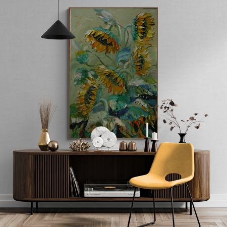 Tablouri cu Flori - Tablou canvas, modern, cu Floarea soarelui in stil pictaura, pentru hotel