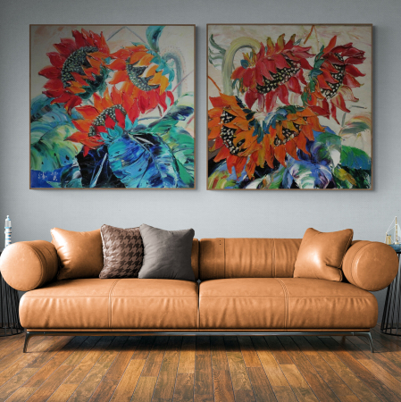 Tablouri cu Flori - Tablou canvas, modern, cu Floarea soarelui in stil pictaura, pentru living