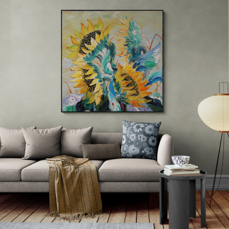 Tablou canvas, modern, cu Floarea soarelui in stil pictaura, pentru pensiune [1]