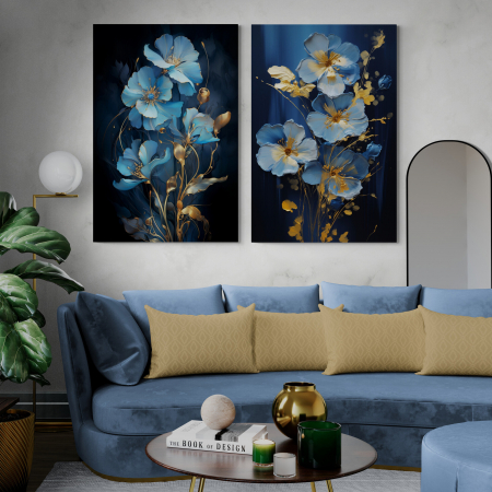 Tablouri cu Flori - Tablou canvas, modern, cu flori albastre, nuante de auriu, pentru living