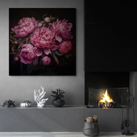 Tablouri cu Flori - Tablou canvas, modern, cu flori, buchet de Bujori roz, pe fundal negru, pentru living