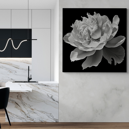 Tablouri cu Flori - Tablou canvas, modern, cu Flori, Bujor alb, pe fundal negru, pentru bucatarie