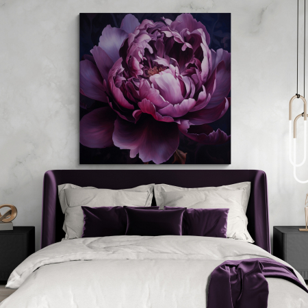 Tablouri cu Flori - Tablou canvas, modern, cu Flori, Bujor mov, pe fundal negru, pentru dormitor