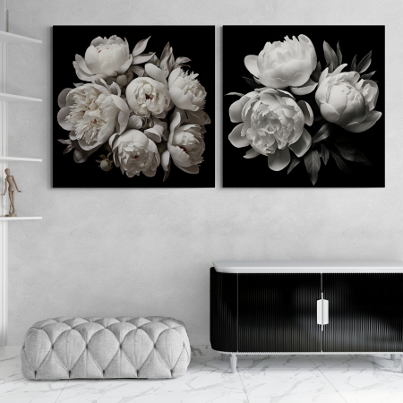 Tablouri cu Flori - Tablou canvas, modern, cu Flori, Bujori albi, pe fundal negru, pentru hotel