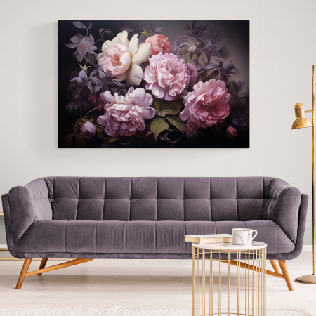 Tablouri cu Flori - Tablou canvas, modern, cu flori, Bujori roz, pe fundal gri, pentru living