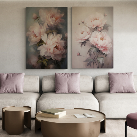 Tablouri cu Flori - Tablou canvas, modern, cu flori, Bujori roz, pictat in stil abstract, pentru living