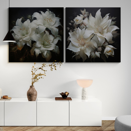 Tablouri cu Flori - Tablou canvas, modern, cu Flori, Crini albi, pe fundal negru, pentru hotel