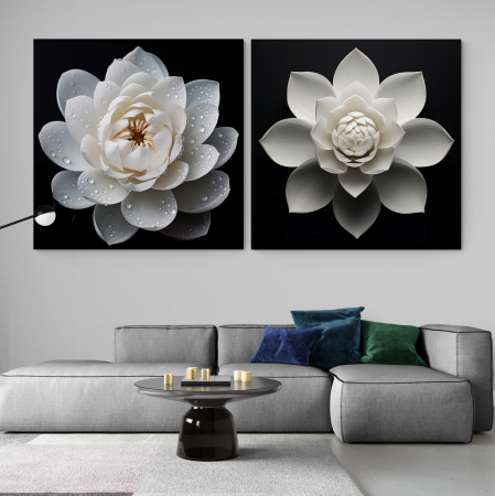 Tablouri cu Flori - Tablou canvas, modern, cu Flori de Lotus in nuante de alb negru, pentru dormitor