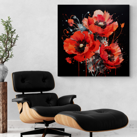 Tablouri cu Flori - Tablou canvas, modern, cu flori de Maci rosii, in stil abstract, pentru birou, hol