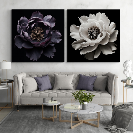 Tablouri cu Flori - Tablou canvas, modern, cu floare in nuante de mov, alb negru, pentru living
