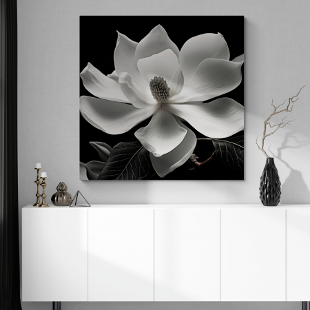 Tablouri cu Flori - Tablou canvas, modern, cu Flori de Magnolie in nuante de alb negru, pentru dormitor