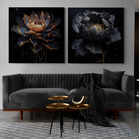 Tablouri cu Flori - Tablou canvas, modern, cu Flori, in nuante de negru auriu, pentru living