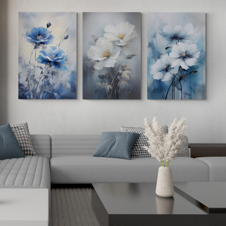 Tablouri cu Flori - Tablou canvas, modern, cu flori, in stil abstract, nuante de albastru, pentru hotel