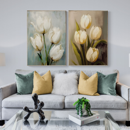 Tablou canvas, modern, cu flori, Lalele albe in stil abstract, pe fundal gri, pentru living [1]