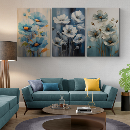 Tablou canvas, modern, cu flori de camp, nuante de, albastru, portocaliu, pentru living [1]