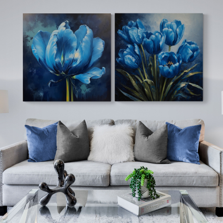 Tablouri cu Flori - Tablou canvas, modern, cu flori, Lalele albastre pictate in stil abstract, pentru living